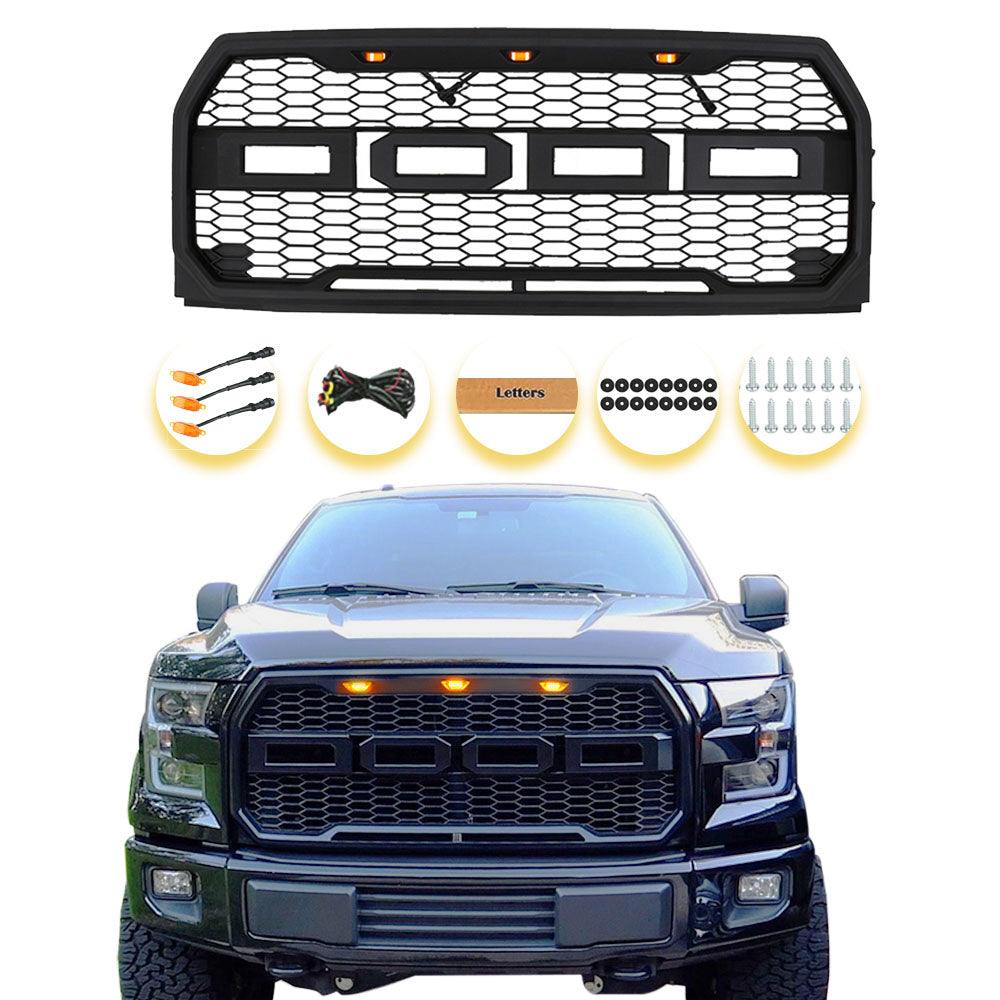 Grille For 2009 2010 2011 2012 2013 2014 Ford f150 Raptor Grille W/E 3 Amber LED Lights& Letters Matte Black - trucfri