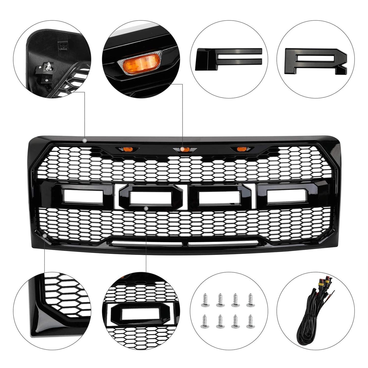 Grille For 2009 2010 2011 2012 2013 2014 Ford f150 Raptor Grille W/E 3 Amber LED Lights& Letters Matte Black - trucfri