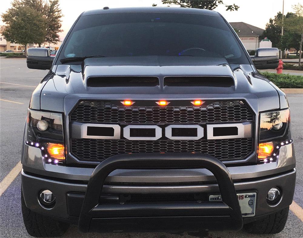 Grille For 2009 2010 2011 2012 2013 2014 Ford f150 Raptor Grille W/E 3 Amber LED Lights& Letters Matte Black - trucfri