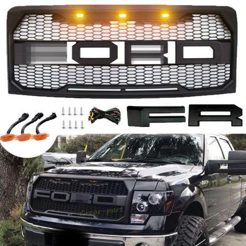 Grille For 2009 2010 2011 2012 2013 2014 Ford f150 Raptor Grille W/E 3 Amber LED Lights& Letters Matte Black - trucfri