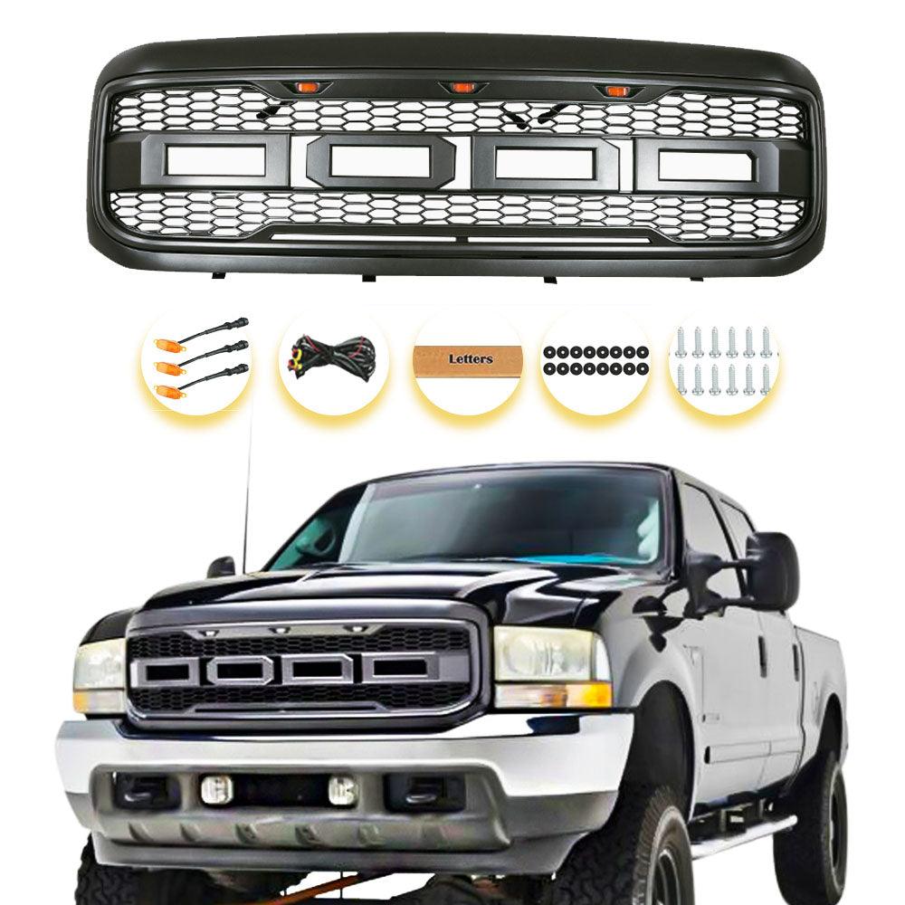 Grille For 1999-2004 F250 F350 F450 F550 Raptor Grill W/E 3 Amber LED Lights& Letters Matte Black - trucfri