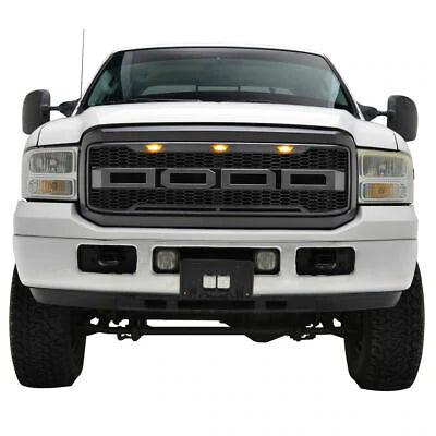 Grille For 1999-2004 F250 F350 F450 F550 Raptor Grill W/E 3 Amber LED Lights& Letters Matte Black - trucfri