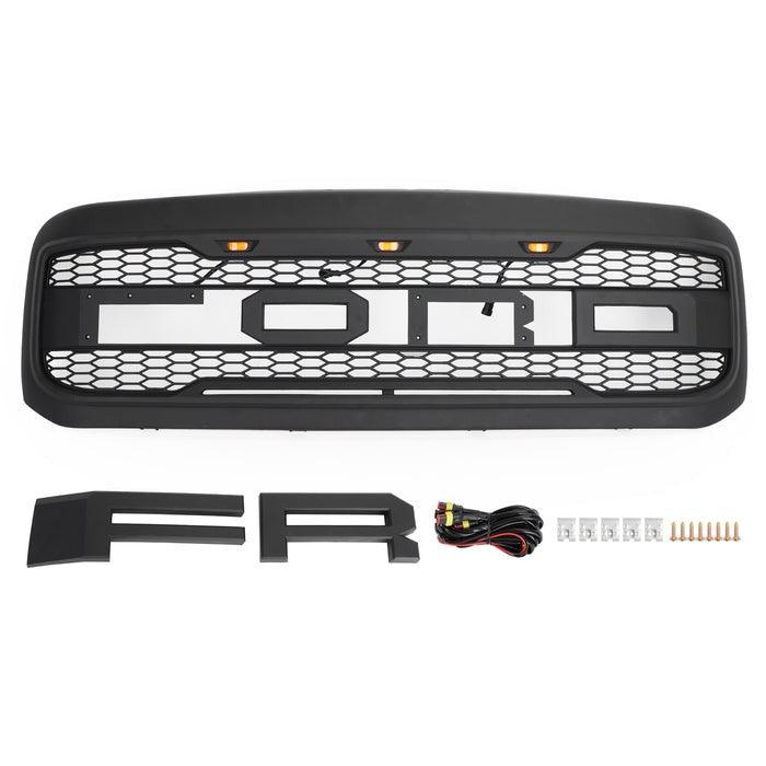 Grille For 1999-2004 F250 F350 F450 F550 Raptor Grill W/E 3 Amber LED Lights& Letters Matte Black - trucfri