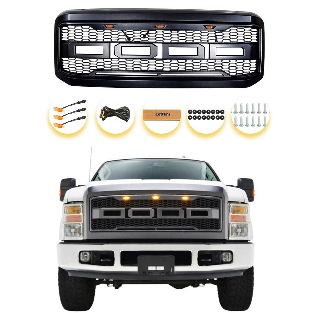 Grille For 2005 2006 2007 F250 F350 F450 F550 Raptor Grill W/E 3 Amber LED Lights& Letters Matte Black - trucfri