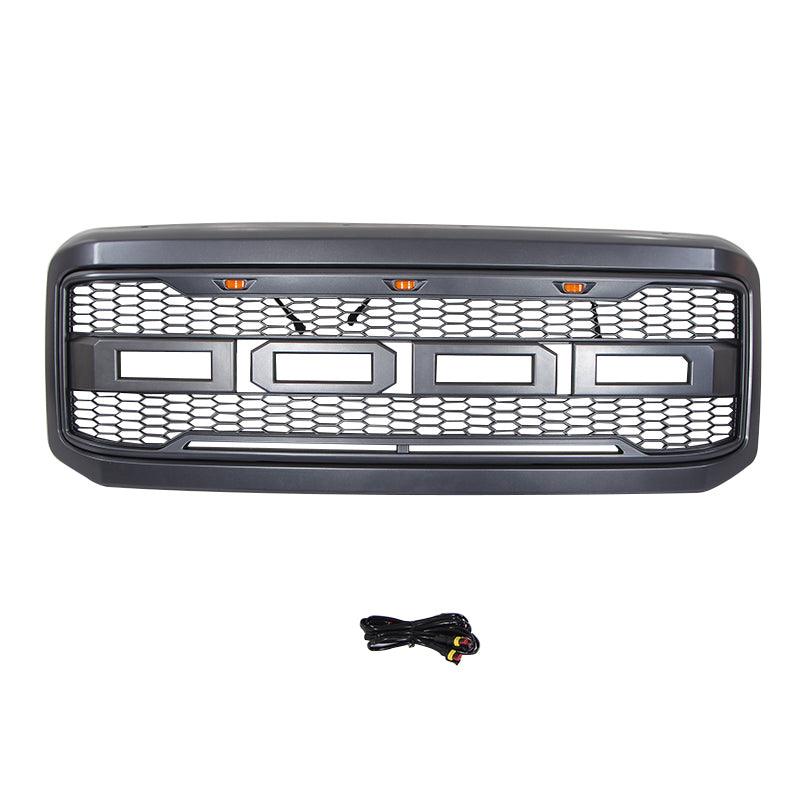 Grille For 2005 2006 2007 F250 F350 F450 F550 Raptor Grill W/E 3 Amber LED Lights& Letters Matte Black - trucfri