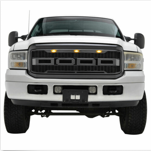 Grille For 2005 2006 2007 F250 F350 F450 F550 Raptor Grill W/E 3 Amber LED Lights& Letters Matte Black - trucfri