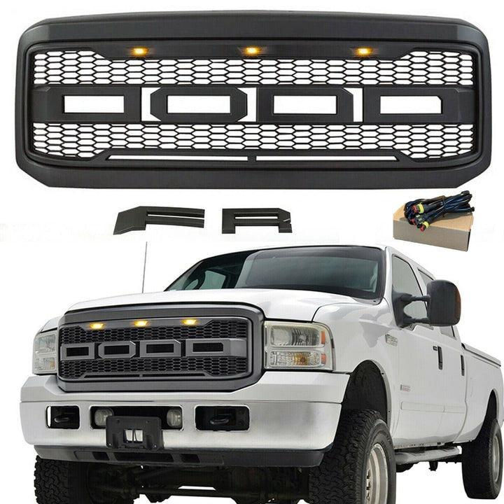 Grille For 2005 2006 2007 F250 F350 F450 F550 Raptor Grill W/E 3 Amber LED Lights& Letters Matte Black - trucfri