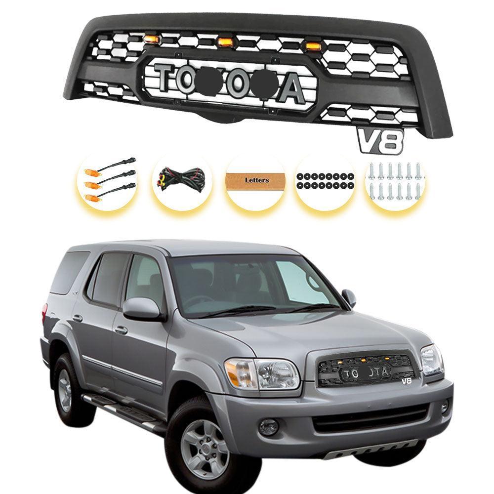 Grille for 2005 2006 2007 Toyota Sequoia Trd Pro Grille Matte Black with Emblem and Lights - trucfri