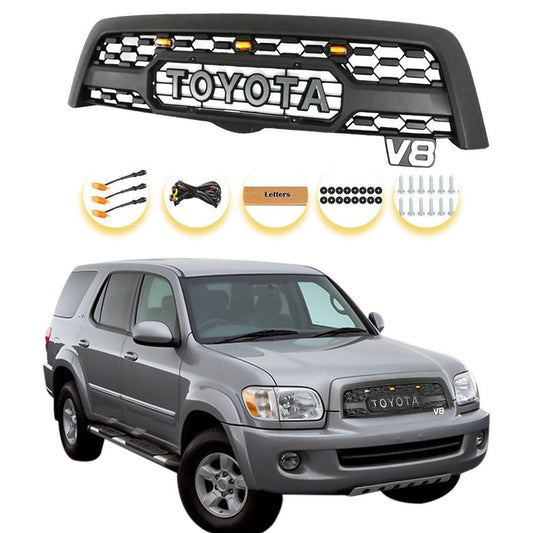 Grille for 2005 2006 2007 Toyota Sequoia Trd Pro Grille Matte Black with Emblem and Lights - trucfri