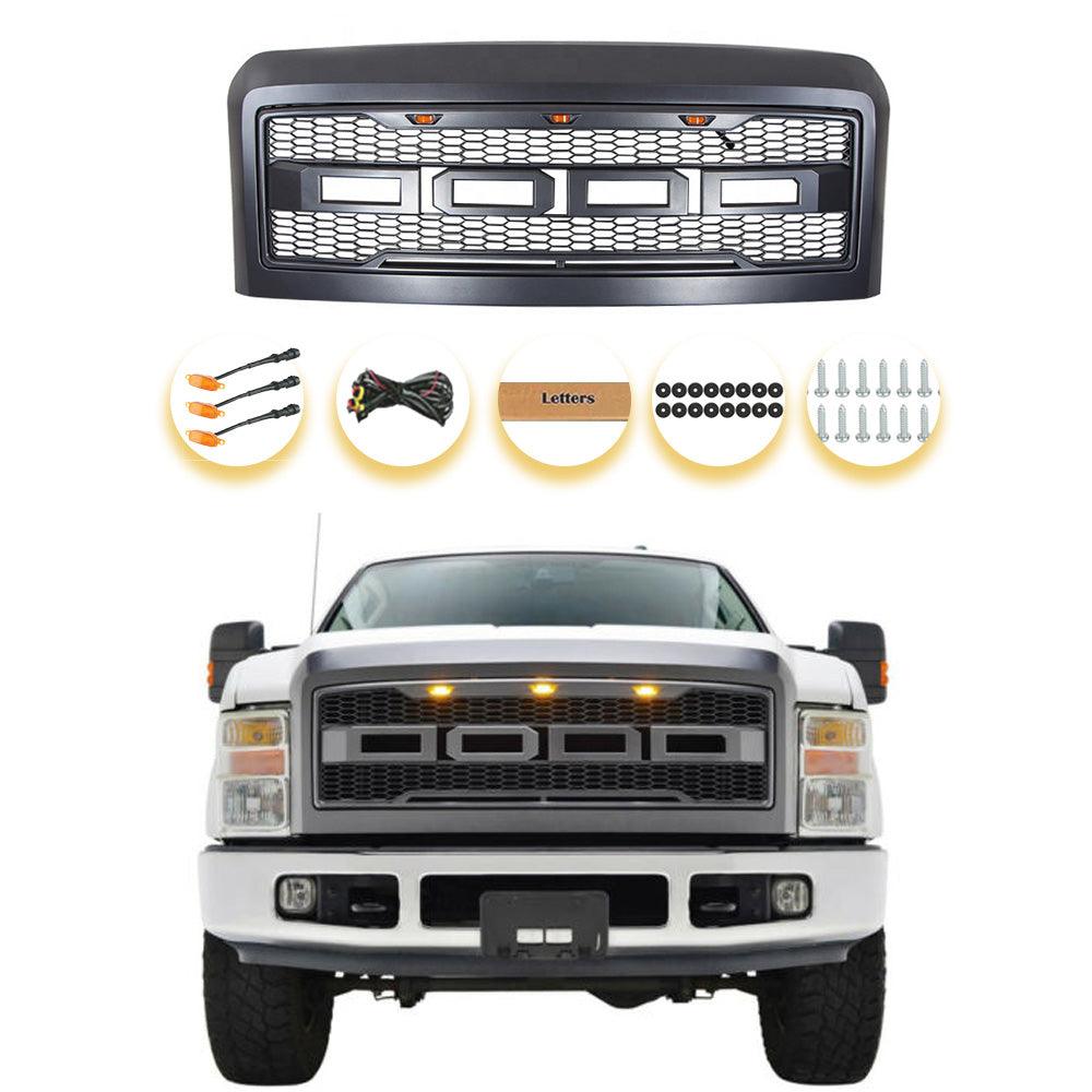 Grille For 2008 2009 2010 F250 F350 F450 F550 Raptor Grill W/E 3 Amber LED Lights& Letters Matte Black - trucfri