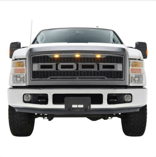 Grille For 2008 2009 2010 F250 F350 F450 F550 Raptor Grill W/E 3 Amber LED Lights& Letters Matte Black - trucfri