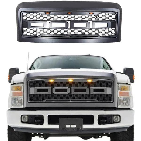 Grille For 2008 2009 2010 F250 F350 F450 F550 Raptor Grill W/E 3 Amber LED Lights& Letters Matte Black - trucfri