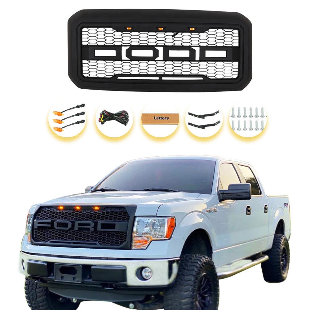 Grille For 2011-2016 F250 F350 F450 F550 Raptor Grill W/E 3 Amber LED Lights& Letters Matte Black - trucfri