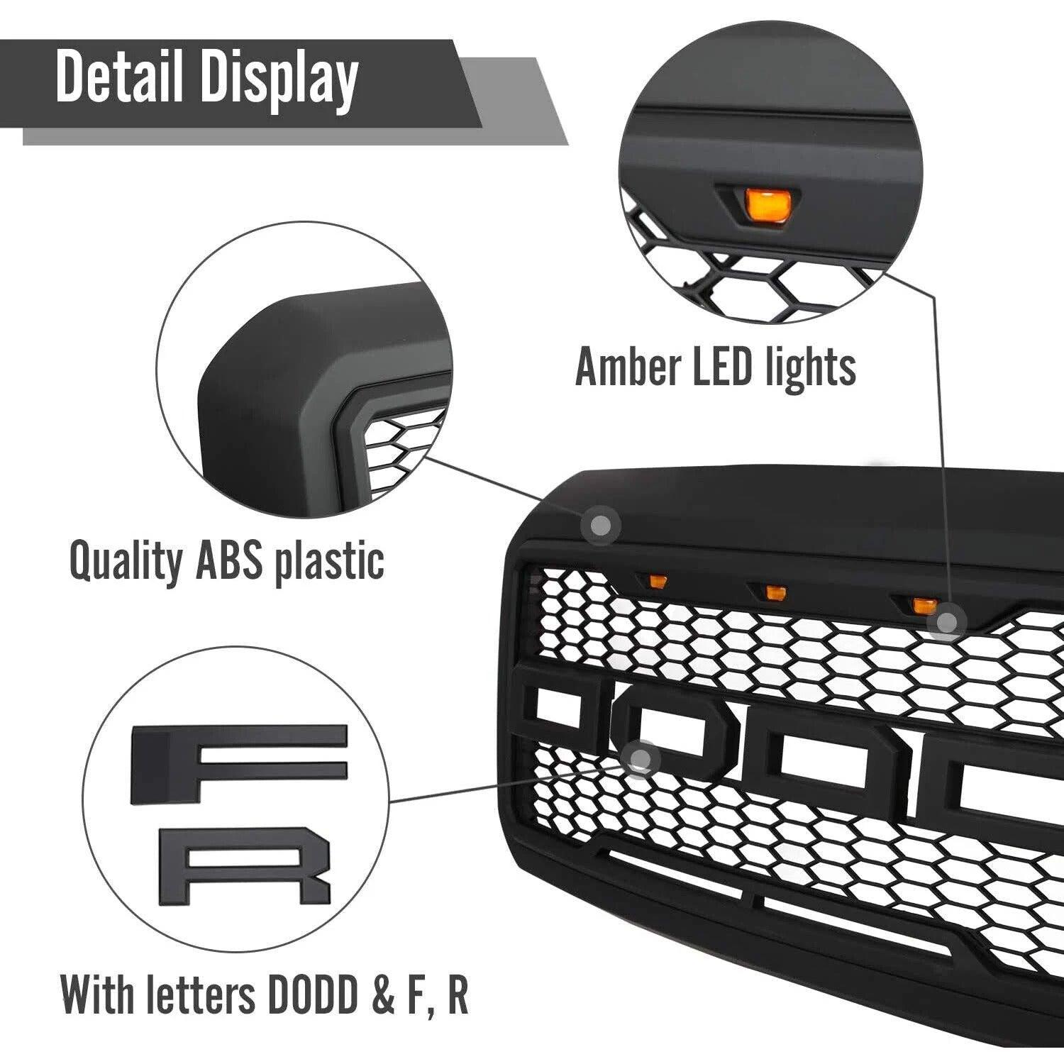 Grille For 2011-2016 F250 F350 F450 F550 Raptor Grill W/E 3 Amber LED Lights& Letters Matte Black - trucfri