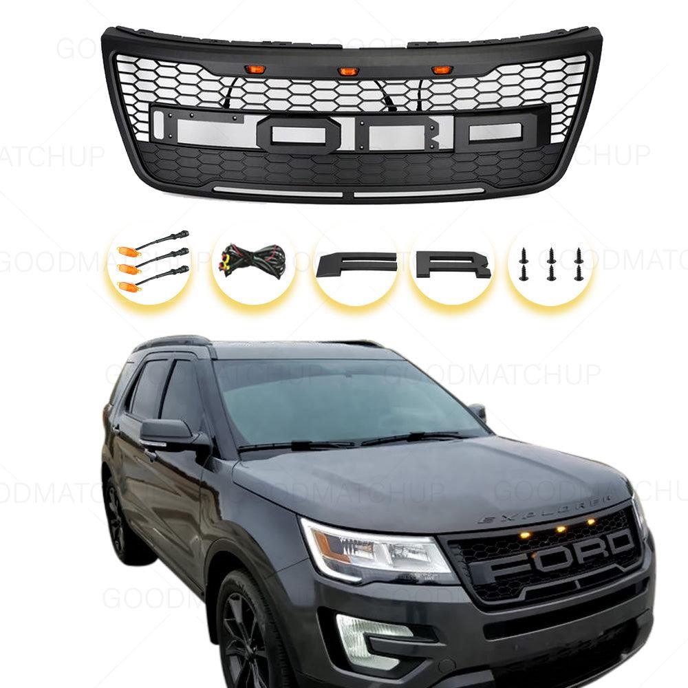 Grille For 2012 2013 2014 2015 Ford Explorer Raptor Grille W/E 3 Amber LED Lights& Letters Matte Black - trucfri