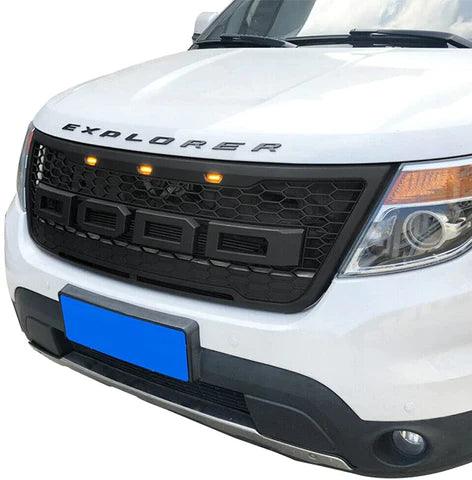 Grille For 2012 2013 2014 2015 Ford Explorer Raptor Grille W/E 3 Amber LED Lights& Letters Matte Black - trucfri