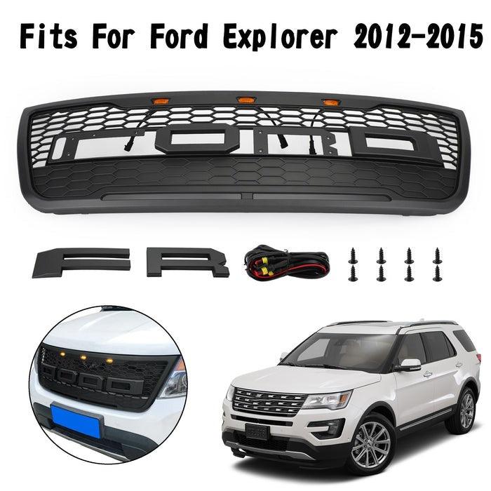 Grille For 2012 2013 2014 2015 Ford Explorer Raptor Grille W/E 3 Amber LED Lights& Letters Matte Black - trucfri