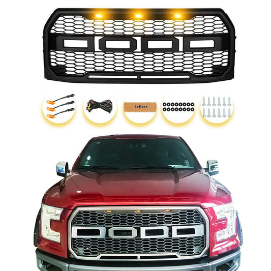Grille For 2015 2016 2017 Ford f150 Raptor Style Grille W/ Letters & LED MATTE BLACK - trucfri