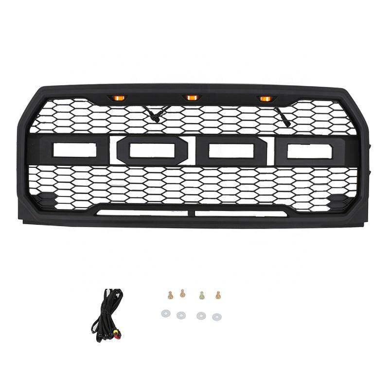 Grille For 2015 2016 2017 Ford f150 Raptor Style Grille W/ Letters & LED MATTE BLACK - trucfri