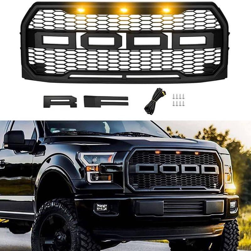 Grille For 2015 2016 2017 Ford f150 Raptor Style Grille W/ Letters & LED MATTE BLACK - trucfri