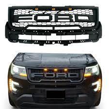 Grille For 2016 2017 2018 Ford Explorer Raptor Grille W/E 3 Amber LED Lights& Letters Matte Black - trucfri