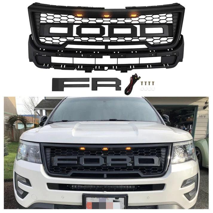 Grille For 2016 2017 2018 Ford Explorer Raptor Grille W/E 3 Amber LED Lights& Letters Matte Black - trucfri