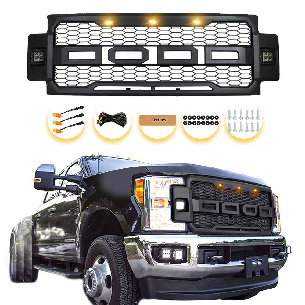 Grille For 2017 2018 2019 F250 F350 F450 F550 Raptor Grill W/E 3 Amber LED Lights& Letters Matte Black - trucfri