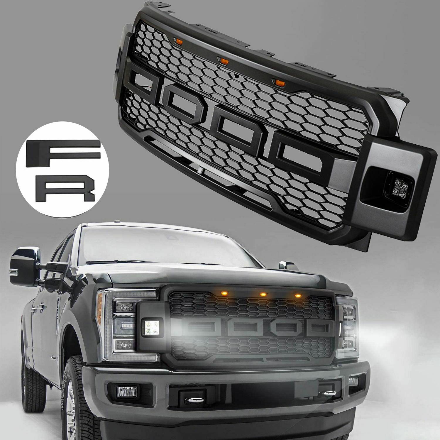 Grille For 2017 2018 2019 F250 F350 F450 F550 Raptor Grill W/E LED Lights& Letters Matte Black - trucfri