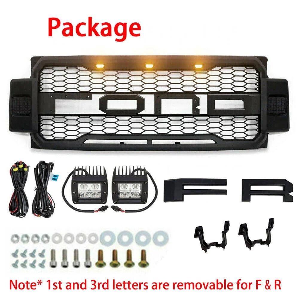 Grille For 2017 2018 2019 F250 F350 F450 F550 Raptor Grill W/E LED Lights& Letters Matte Black - trucfri