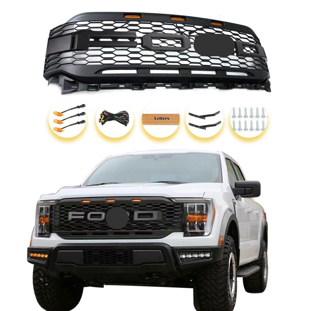 Grille For 2021 2022 2023 Ford f150 Raptor Style Grille W/E 3 Amber LED Lights& Letters Matte Black - trucfri