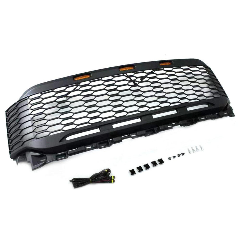 Grille For 2021 2022 2023 Ford F150 Raptor Style Grille W/E 3 Amber LED Lights Letters Matte Black - Foto 11