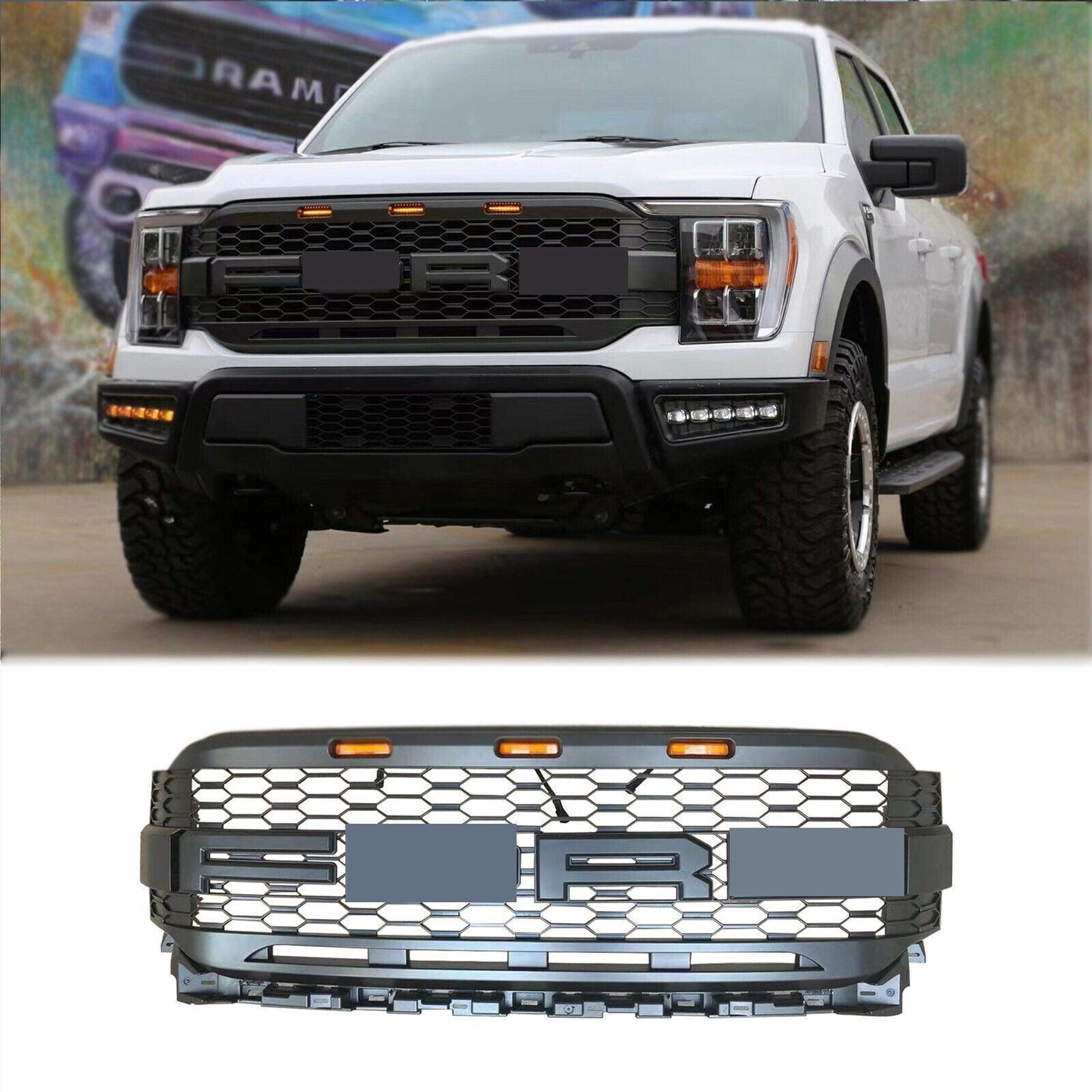 Grille For 2021 2022 2023 Ford f150 Raptor Style Grille W/E 3 Amber LED Lights& Letters Matte Black - trucfri