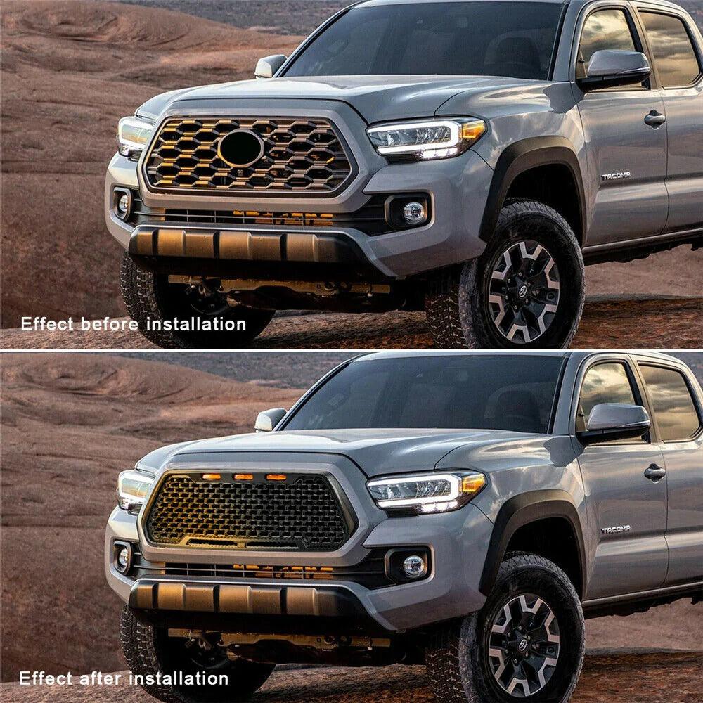 Front Grill for Toyota Tacoma 2016, 2017, 2018, 2019 2020 Black With 3 Amber DRL LED Lights - trucfri