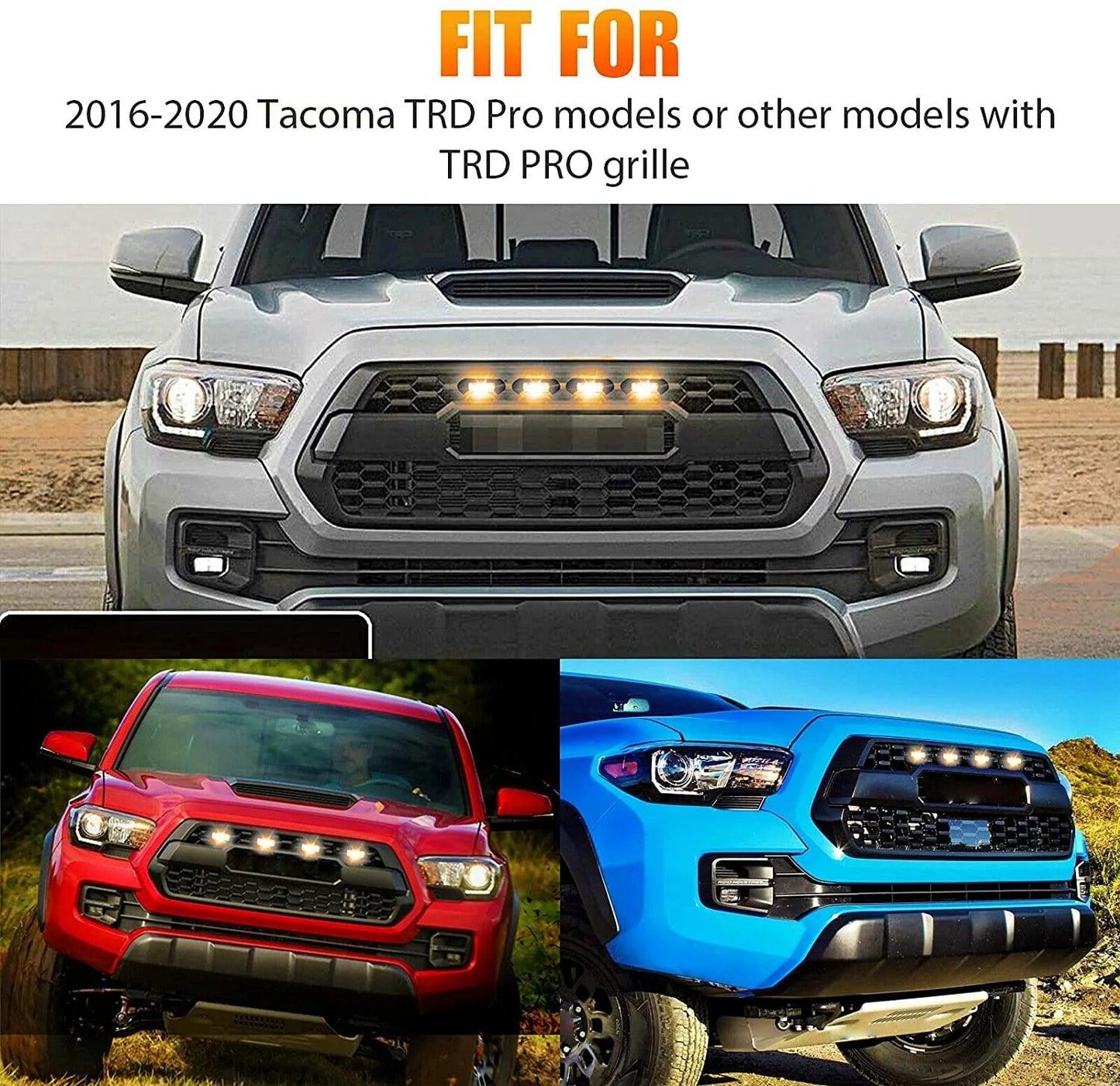 Trd Front Grill for Toyota Tacoma 2016, 2017, 2018, 2019, 2020 2021 BLACK W/ LED Amber Lights - trucfri